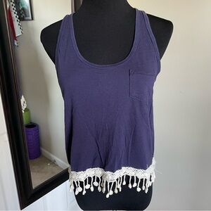 Navy blue racer back tank top with lace trim